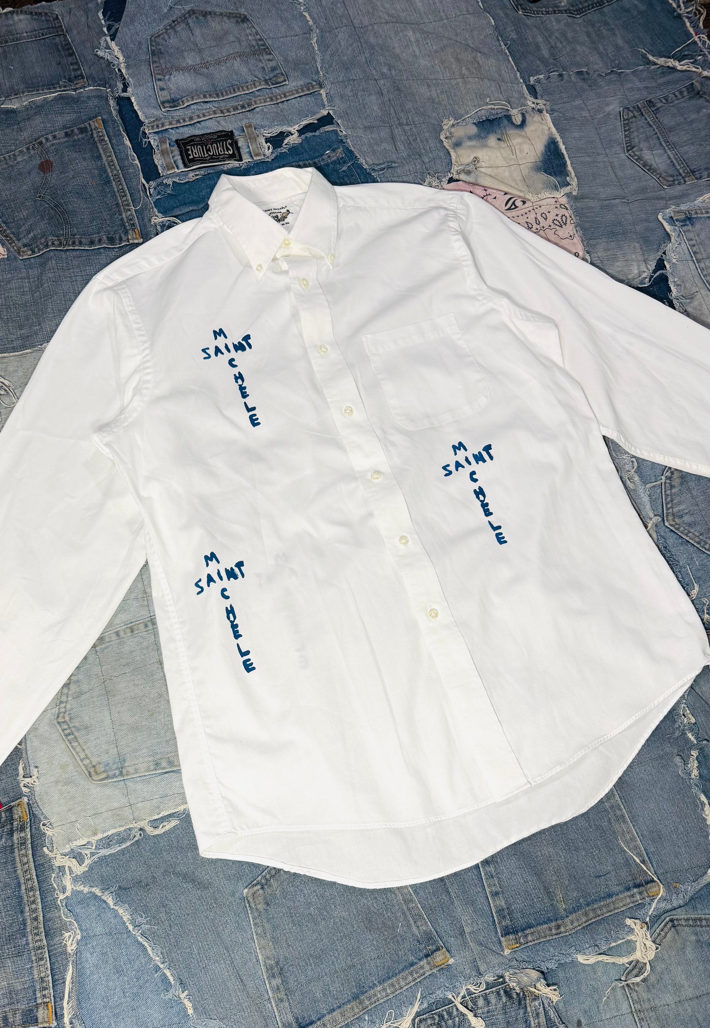 $AINT OF ALL $AINT$ REWORKED WHITE BUTTON DOWN | BLUE JEAN