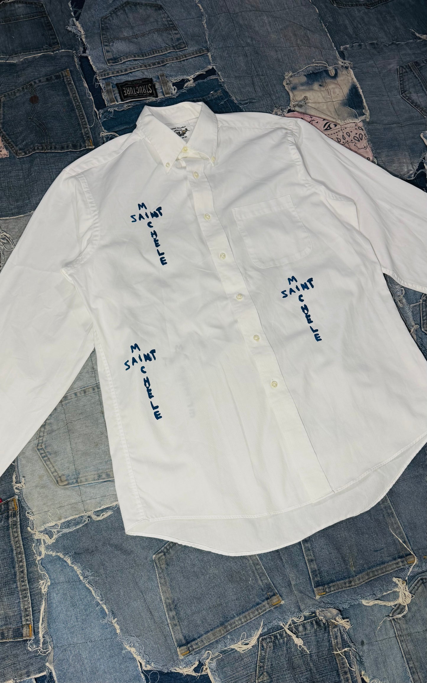 $AINT OF ALL $AINT$ REWORKED WHITE BUTTON DOWN | BLUE JEAN